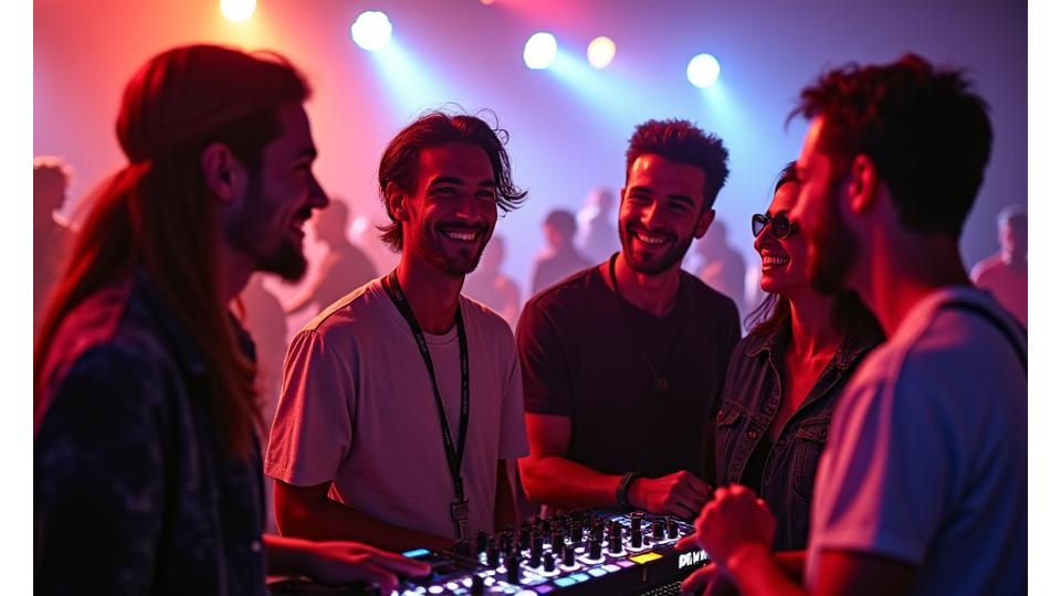 Diverse group of electronic music DJs and producers smiling backstage at a vibrant festival, having an engaged discussion.