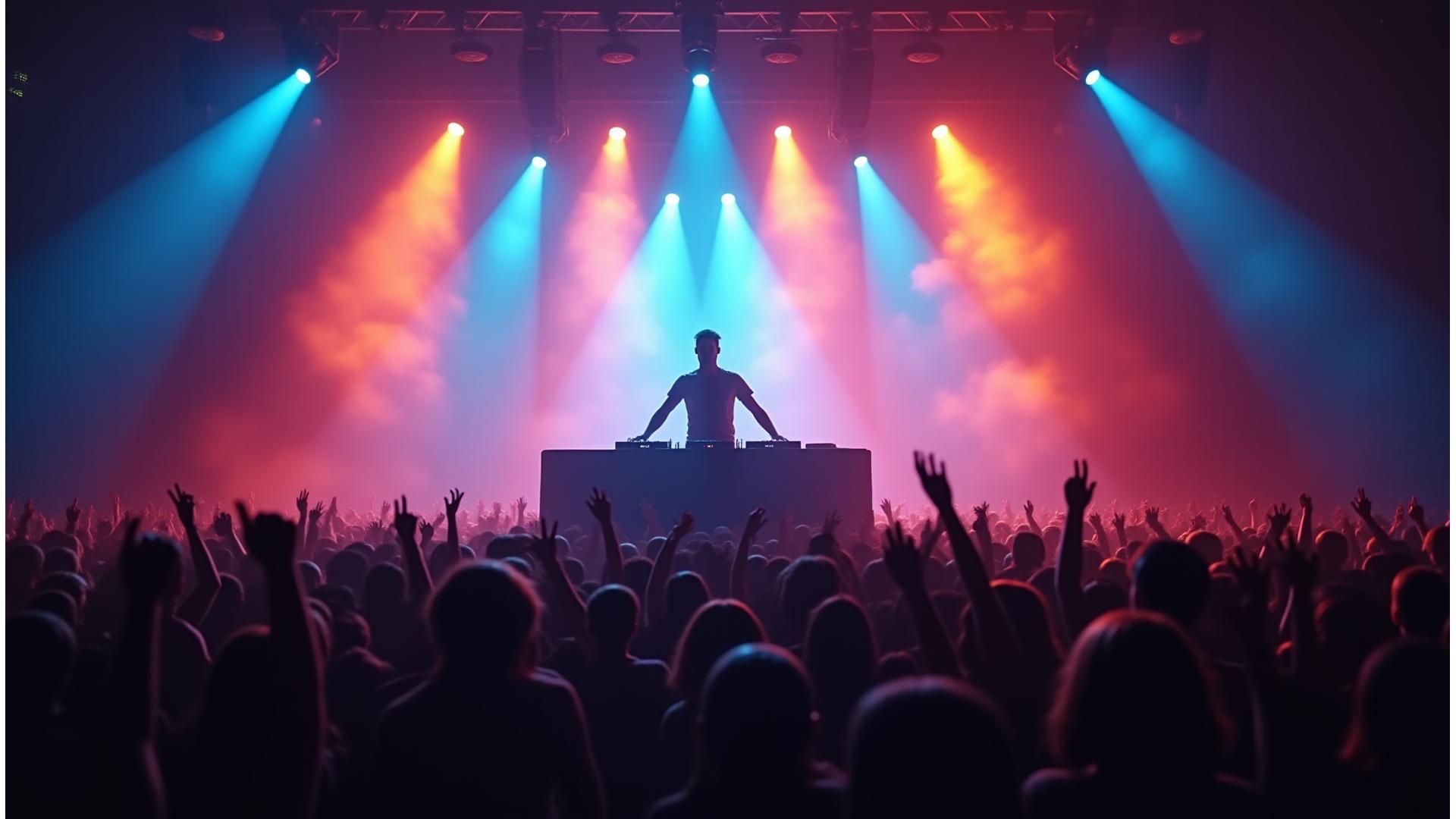 Dynamic DJ on stage with vibrant light show, crowd in foreground celebrating.