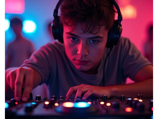 Young, energetic DJ looking intently at mixer, surrounded by a subtle glow of neon lights.