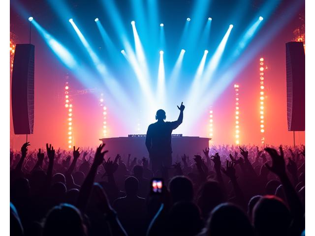Legendary DJ performing to a massive festival crowd, stadium lights shining.