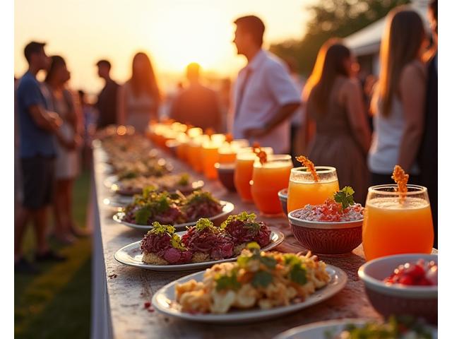 Gourmet catering display at an outdoor festival VIP tent, with diverse food options and elegant presentation
