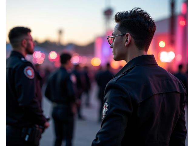 Professional event security personnel in dark uniforms ensuring crowd safety at a music festival entrance