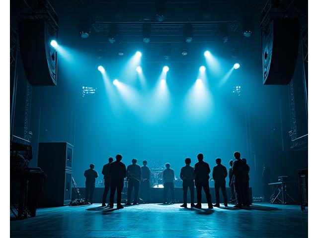 Sophisticated stage lighting rig and sound system being set up by technicians at a large concert venue before an event