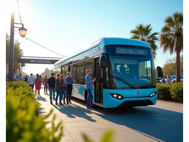 Electric buses at a festival entrance, symbolizing optimized logistics