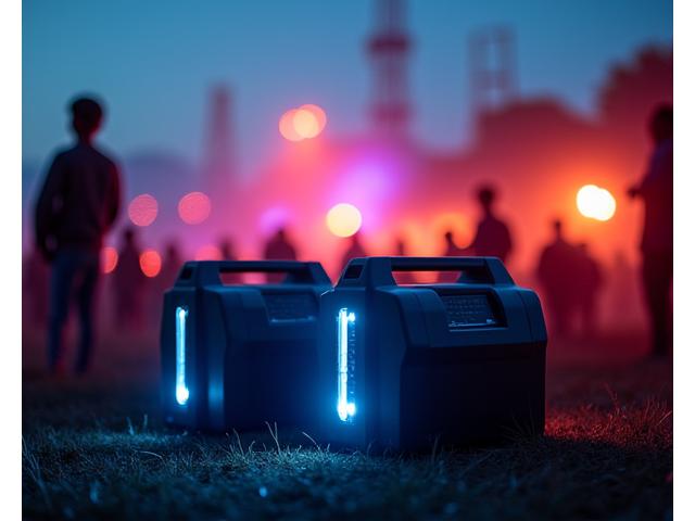 Portable solar generator powering festival lights at night