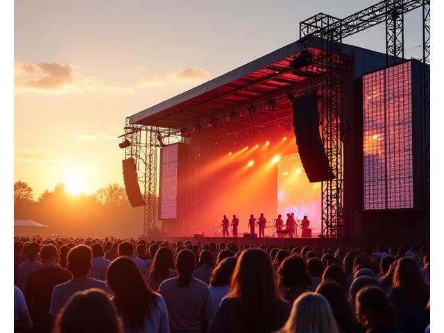 Portable solar panels powering stage equipment at a festival