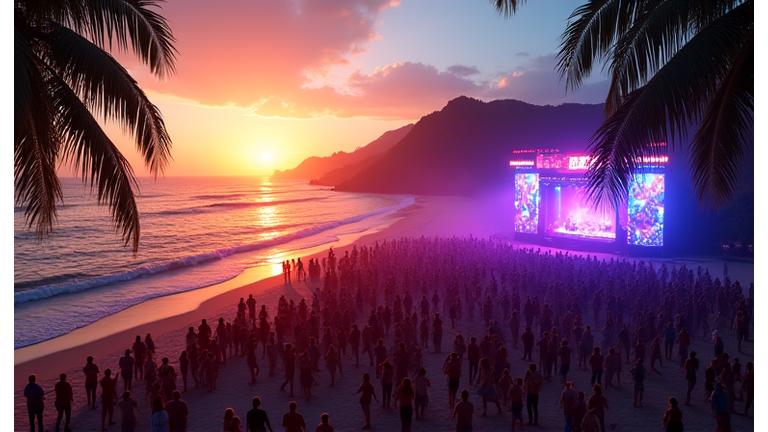 Open-air electronic music festival on a tropical beach at sunset, with a vibrant stage overlooking the ocean and attendees dancing on the sand.