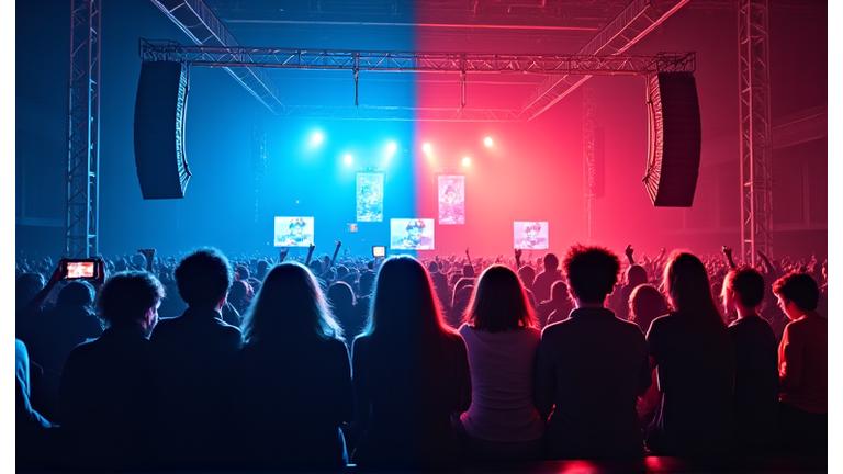 Split image: one side shows a real-life festival stage; the other side shows a diverse group of people watching on computers at home, interconnected by neon lines.