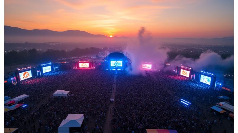 Vast outdoor music festival grounds at sunset, with multiple stages, glowing tents, and thousands of attendees enjoying the experience.