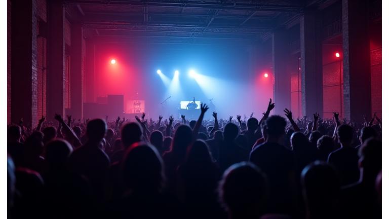 Energetic crowd dancing inside a dark, atmospheric warehouse during an electronic music event, illuminated by a single spotlight on the DJ.