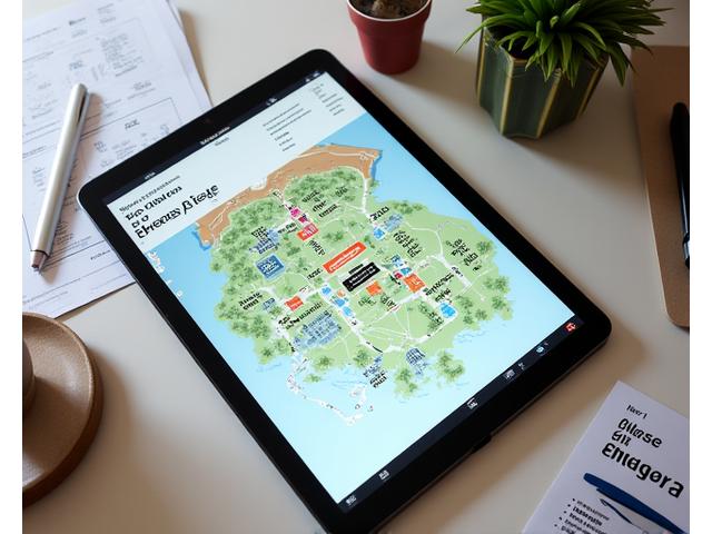 Overhead view of a festival site plan on a digital tablet, with various zones and vendor booths clearly marked, alongside a clipboard.