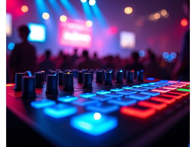Close-up of a state-of-the-art festival sound system with glowing digital interfaces and dynamic light reflections.