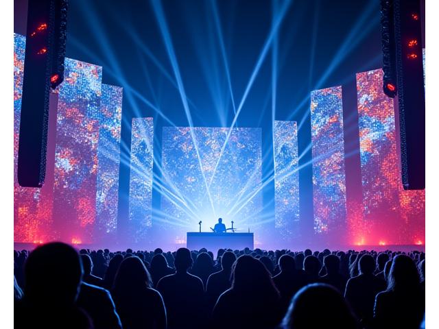 Futuristic festival stage design with intricate LED panels displaying abstract electronic patterns and powerful laser lights, captivating a large crowd.