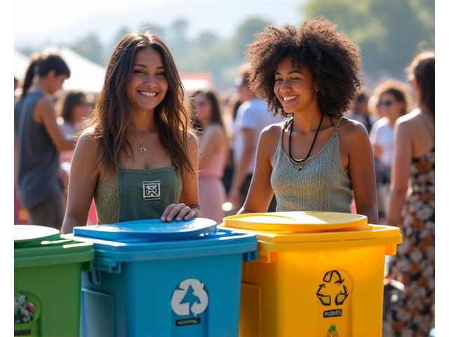 Volunteers at a music festival sorting waste into clearly labeled recycling and composting bins against a vibrant festival backdrop.