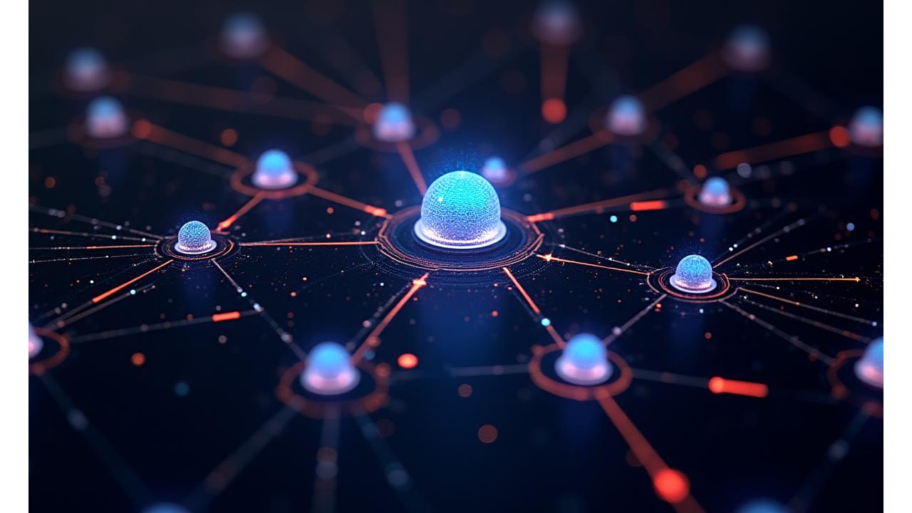 Interconnected network of glowing nodes representing secure data sharing between Nimbus Sound and vetted partners, with a central protective node.