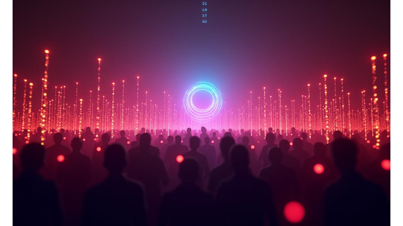 Abstract visualization of data points connecting to form a vibrant, integrated event experience, with neon lines and digital elements.