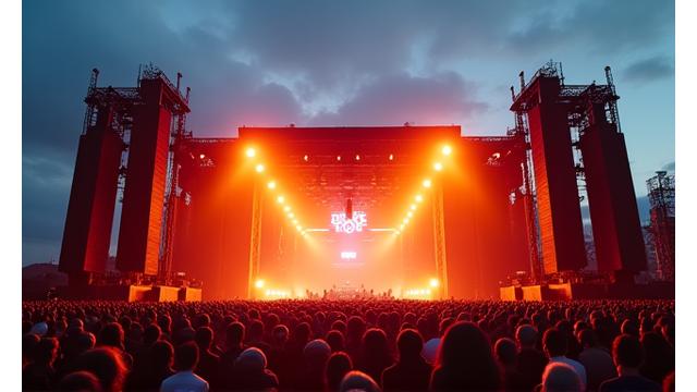 Outdoor festival stage with large sound towers