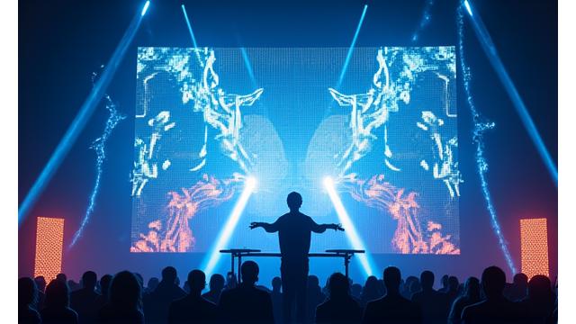 An electronic music artist performing on a stage, with visualizers on LED screens behind them perfectly synchronized with the audio waveforms emanating from the speakers. Vibrant, intricate light patterns flow with the music.