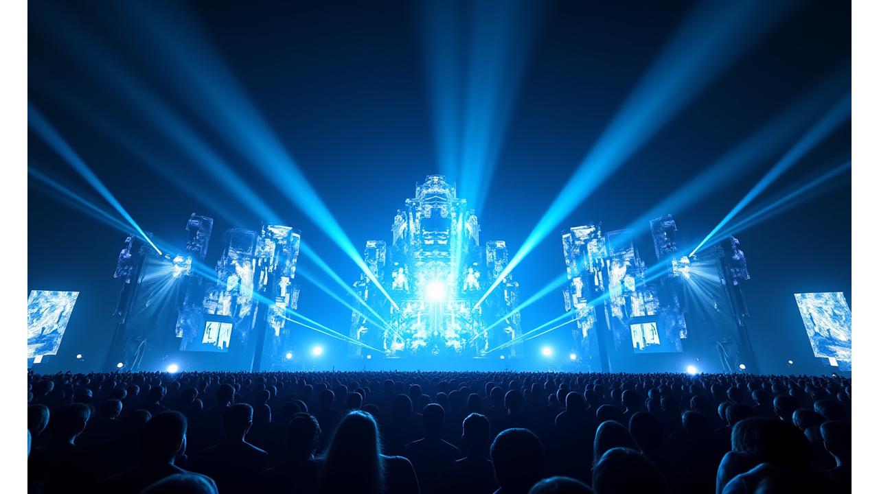 Panoramic view of a dynamic festival main stage at night, illuminated by cutting-edge lighting, lasers, and LED screens with abstract visuals, crowd visible at the front, creating an immersive electronic music experience.