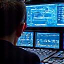 Portrait of a diligent technical specialist working with complex lighting console and diagrams on multiple screens, demonstrating precision and expertise.