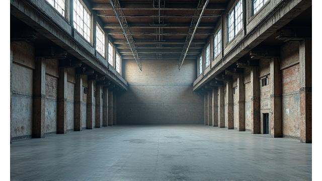 An empty, cavernous warehouse space with concrete floors and high ceilings, stark and industrial.