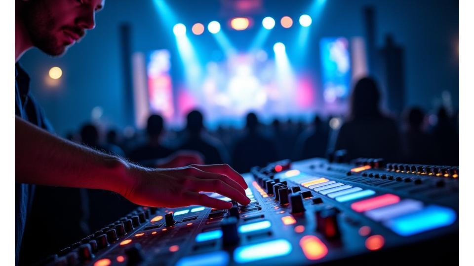 Intricate control board with glowing lights and soundmixing equipment at an electronic music festival, with a blurred high-energy stage in the background.