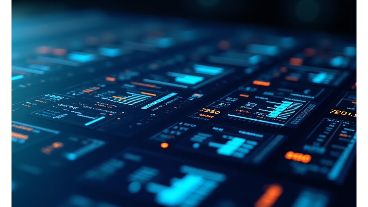 Futuristic analytics dashboard with interactive charts, graphs, and sales performance indicators, featuring neon blue and accent orange highlights.