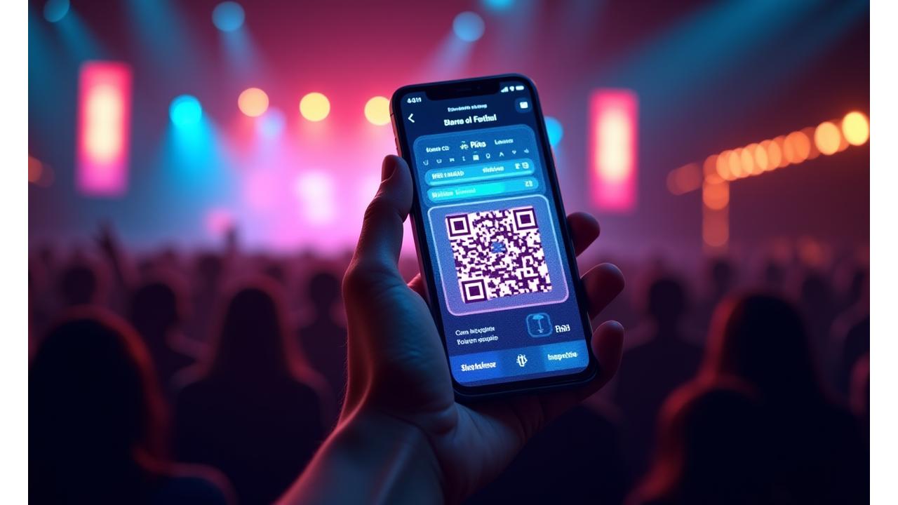 Illustration of a smartphone displaying a mobile ticket with a dynamic QR code, integrated into a digital wallet, set against a vibrant, energetic festival background.