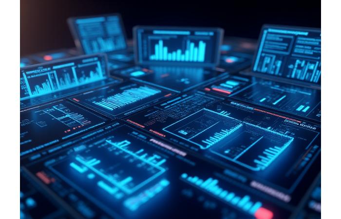 A complex virtual event analytics dashboard displaying real-time data: viewership numbers, geographic distribution, engagement rates, and revenue metrics on sleek, futuristic screens.