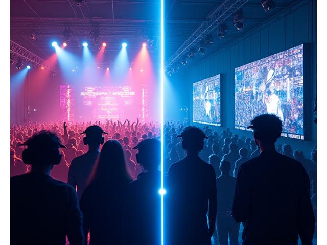 A split image illustrating hybrid event integration: one side shows a lively in-person festival crowd, the other shows people engaged with a virtual event on screens, with seamless digital connections between them.