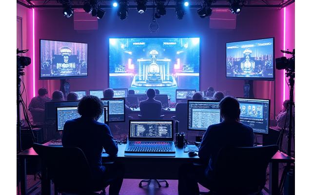 A professional broadcast studio setup for live streaming, featuring multiple high-definition cameras, monitors displaying various feeds, and a sound mixing console, all bathed in soft, purple and blue ambient light.