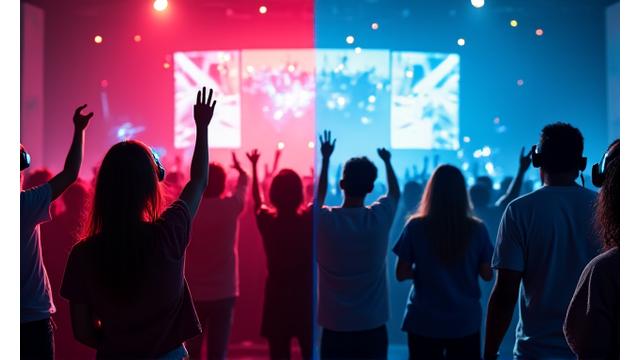 A vibrant split-screen image: one side shows an electrifying live concert, the other shows virtual attendees interacting with the event via VR headsets and screens, symbolizing seamless hybrid engagement.