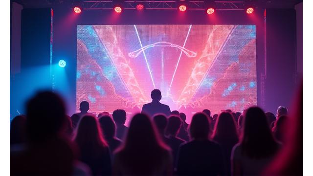 Augmented reality overlay on a live concert, displaying interactive graphics and spectral effects dancing over the performers and audience.