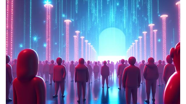 People interacting as avatars in a colorful, futuristic metaverse environment, attending a virtual concert with glowing visuals.