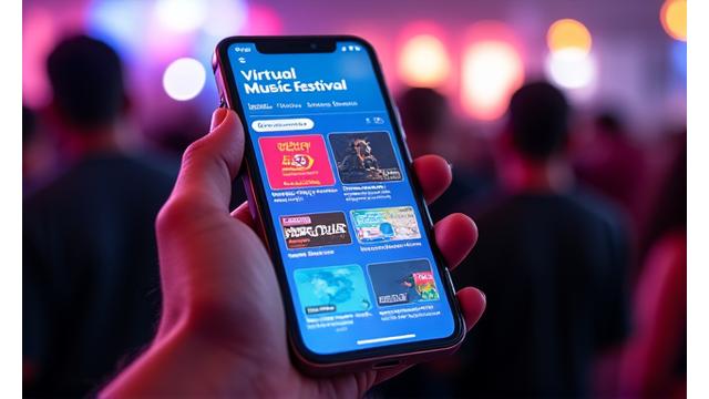 A smartphone screen displaying a sleek mobile app interface for a virtual music festival, showing artist schedules, live streams, and interactive maps.