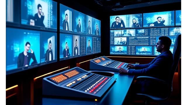 Professional live streaming control room with multiple screens showing different camera feeds, audio levels, and graphics for a virtual event.