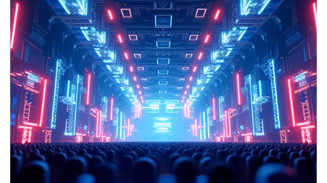 A highly detailed virtual reality festival stage with interactive 3D elements, neon lighting, and an expansive digital crowd, showcasing customization.